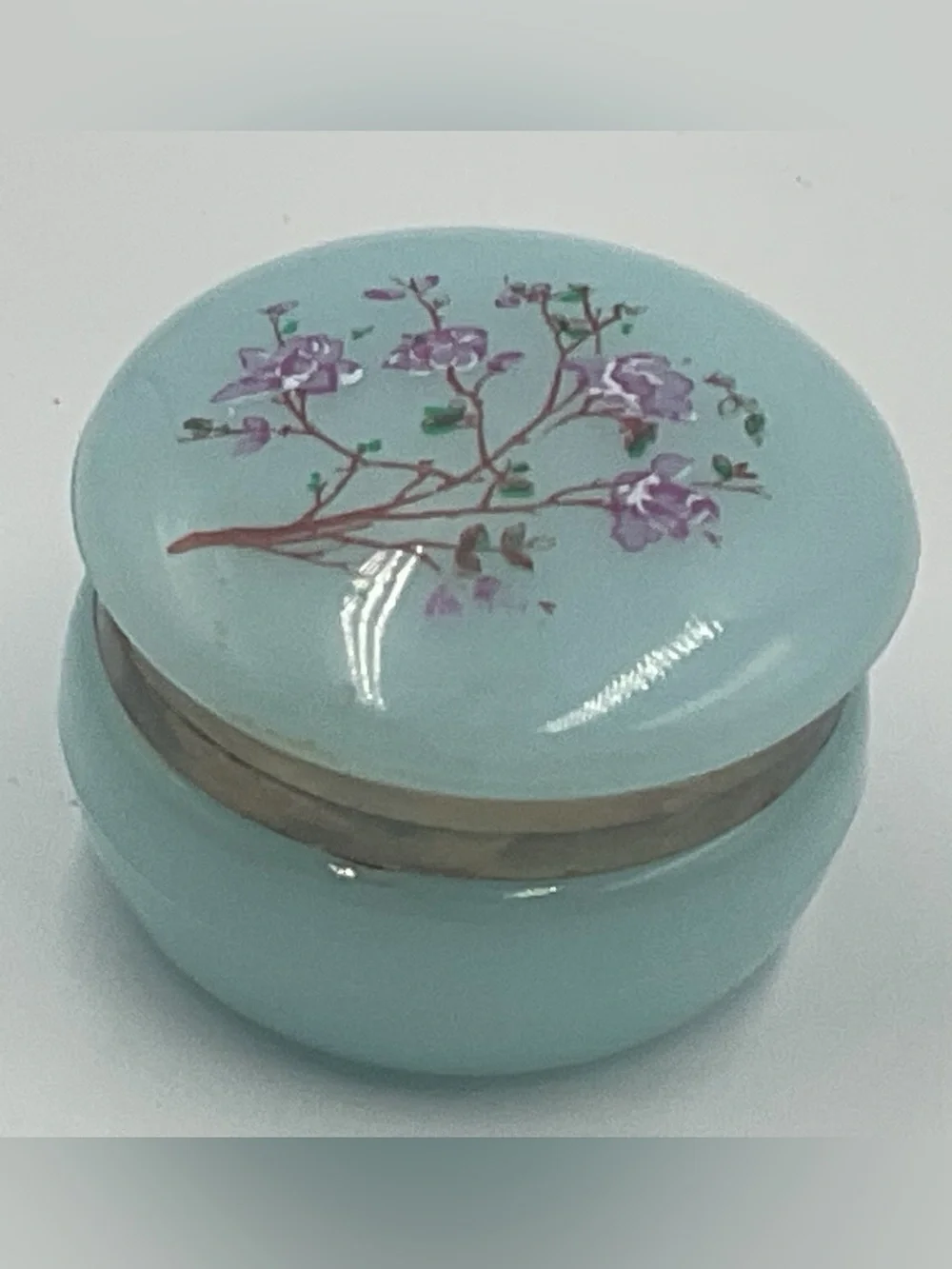 Vintage Hand Painted Hong Kong Floral Flower Dresser Vanity Jewelry Box Lid Blue